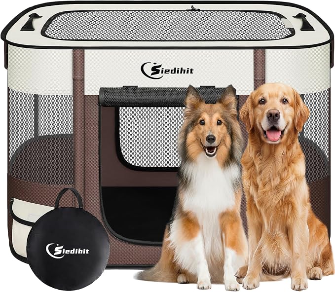 Siedihit 35" Dog Playpen,Cat Puppy Pen, Pet Portable Crate Indoor Outdoor | Durable Travel Camping Use,Foldable Dog Kennel Tent Cage for Rabbit Small Animals with Carrying Case(Brown, Large)