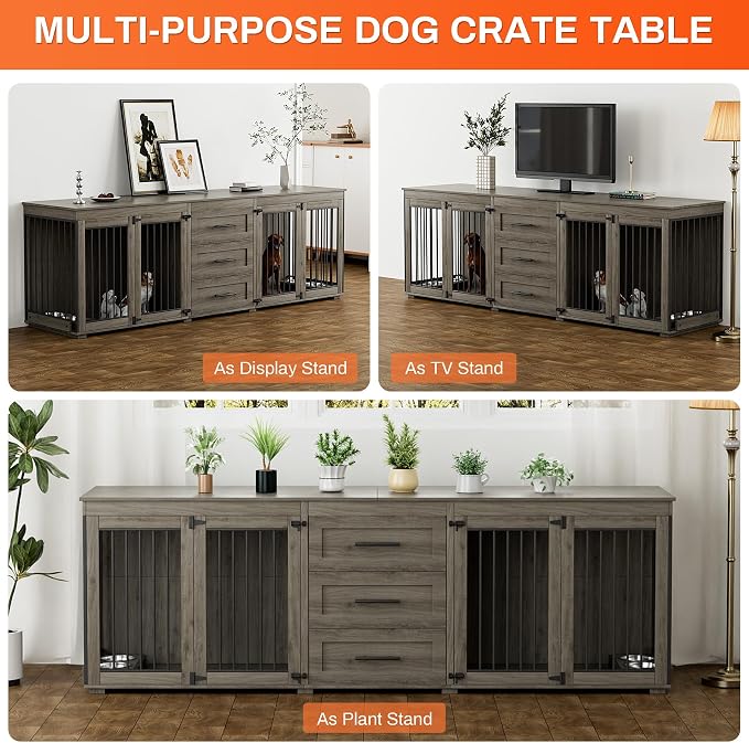 Rophefx 94.5" Dog Crate Furniture for 2 Dogs, Wooden Kennel TV Stand,Grey | Indoor double dog house with 3 storage drawers, 4 feeding bowls, lockable doors, and a wide top for large and medium dogs