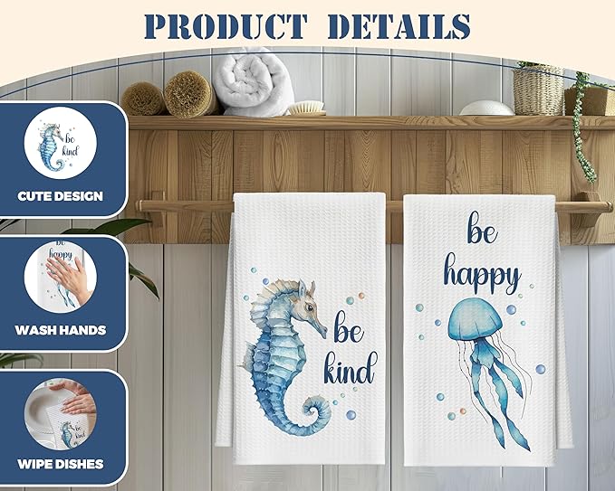 Kitchen Towels Set of 2, Nautical Seahorse Jellyfish Dish Towel for Kitchen, Beach Coastal Decorative Hand Towels for Bathroom, Fast Drying Tea Towel, Housewarming Gifts for Women Mom -B12