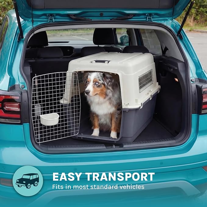 SportPet Airline Compliant LARGE 31.5" Travel Dog Kennel-Durable Plastic Airline Pet Carrier w/ Removable Wheels & Food Bowls, Collapsible Indoor/Outdoor Dog Kennel, Dogs up to 28"L & 20"H-Cream/Gray