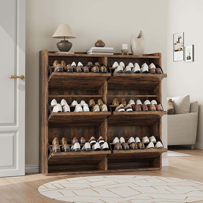 GarveeHome Shoe Cabinet with 6 Flip Drawers, Wooden Shoe Organizer Cabinet with Adjustable Shelf, Shoe Storage for Entryway, Hidden Shoe Cabinet for Hallway, Living Room, Rustic Brown