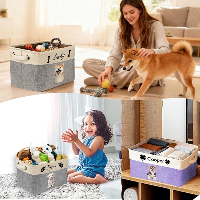 Personalized Dog Toy Storage Basket with Photo Name | Custom Dog Food Organizer Fabric Bins for Clothes Blankets Dolls-Pink