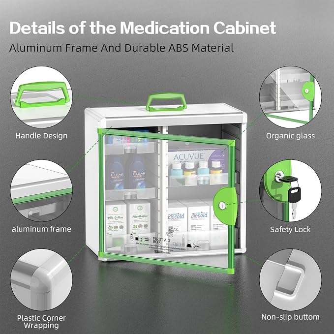 Lockable Medicine Cabinet with 5 Removable Trays, Wall Mounted & Portable Locking Medicine Cabinet Organizer with Key Lock for Home, Bathroom, Office - Aluminum Alloy Frame(13.6x13.4x6.5Inch)