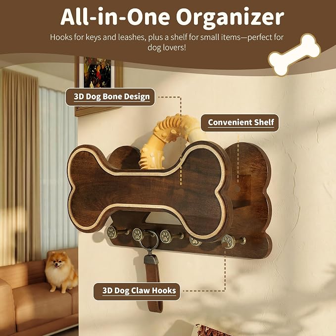 MTERSN Dog Leash Holder Wall Mount for Cute Dog Themed Decor, Dark Brown | Acacia Wood, 3D Dog Paw with Five Hooks & Display Shelf, Double-layer Dog Bone Design, Pet Accessories, Farmhouse Home Accent
