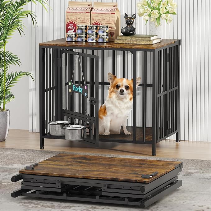 Easycom 27" Foldable Dog Crate Furniture, No Assembly, Rustic Brown | Decorative Wooden Dog Kennel Indoor With Adjustable Bowls and Name Tag, Small Dogs (Under 20 lb), End Table