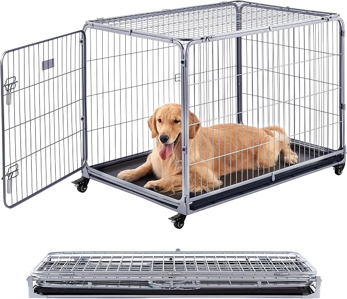 ZOMISIA Collapsible Dog Crate for Large Dogs - 42 inch Escape Proof Double Door Metal Dog Kennel with Lockable Wheels, Easy Assembly Foldable Cage with Removable Tray, Indoor Outdoor Use, Silver Gray