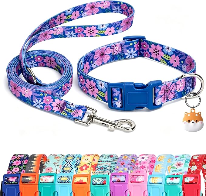 Floral Matching Dog Collar and Leash Set with AirTag Holder-Dark Flower/M | Anti-Lost,Adjustable Durable Pet Collar Leash Combo for Medium Boy Girl Dogs,for Outdoor Walking Hiking Training Running