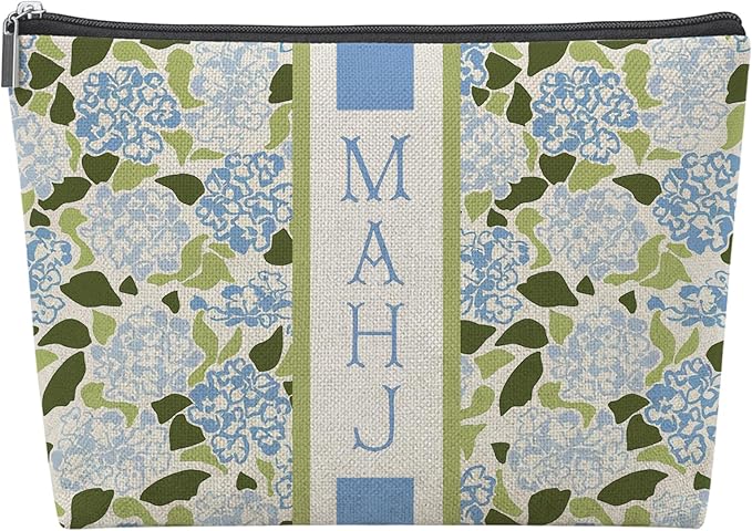 Blue and Green Hydrangea Empty Mahjong Tile Bag 13x7.8 Inch, | Blue Floral Printed Portable Travel Case Organizer Zipper Pouch for American Mahjong Tiles Game Night Accessories and Gifts