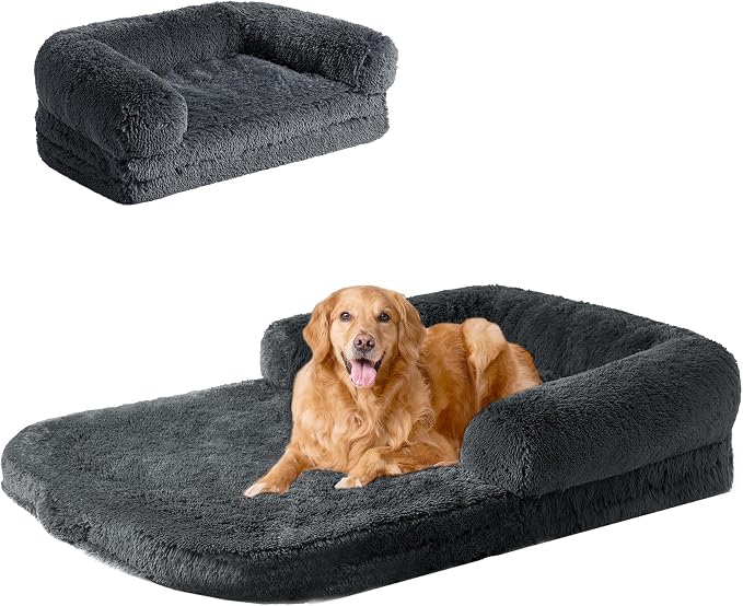 EHEYCIGA Foldable XXL Dog Bed for Large Sized Dog - 54x38x7.5, Dark Grey | Faux Fur Fluffy Pet Couch Bed, Orthopedic Calming Memory Foam Big Pet Bed, Washable Pet Sofa Bed with Non-Slip Bottom