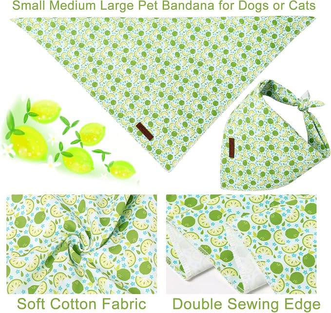 Summer Dog Bandana, UP URARA PUP Lime Triangle Bid, Clover and Bow Pattern Scarf for Medium Large Dogs, Cotton Kerchief for Girl Boy Puppies, Cute Summer Green Bandana,L
