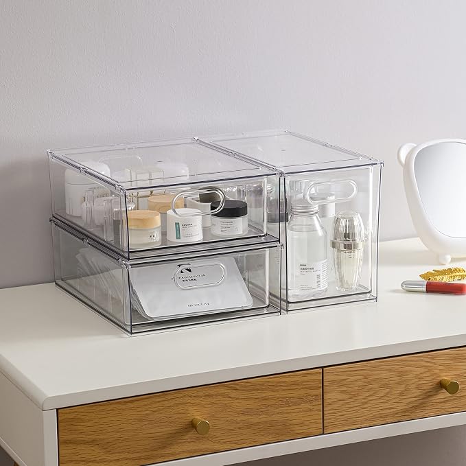 Stackable Fridge Drawer Pull-Out Bins with Handles 3 Pack Large Clear Food Container with Removable Dividers Refrigerator Storage box Divided Produce Saver for Pantry Kitchen