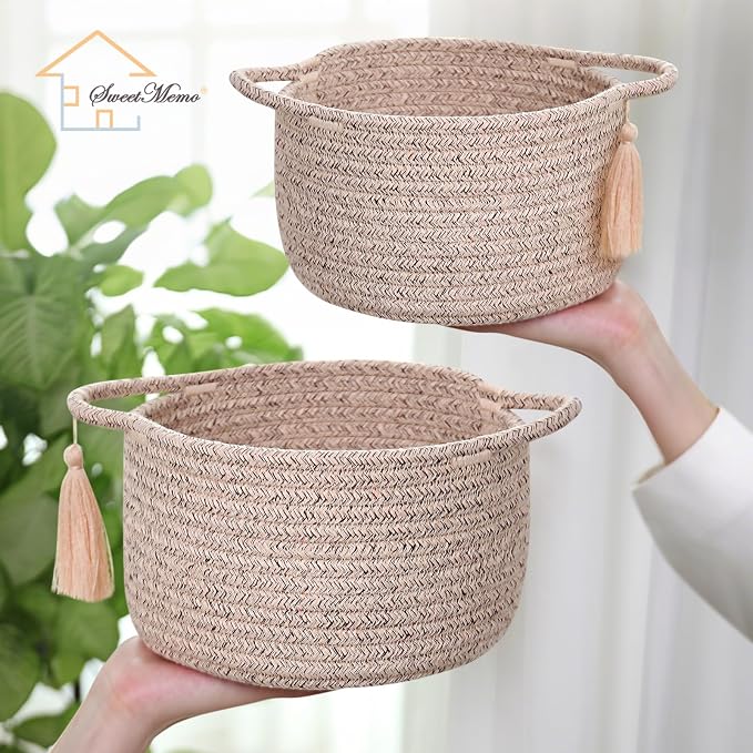 Small Gift Basket Empty to Fill, 2 Pack, Mini Woven Basket, Natural Beige | Cute Decorative Mini Rope Storage Baskets with Cellophane Bags & Ribbons; Two Sizes for Gifting, Bathroom Counter or Desk