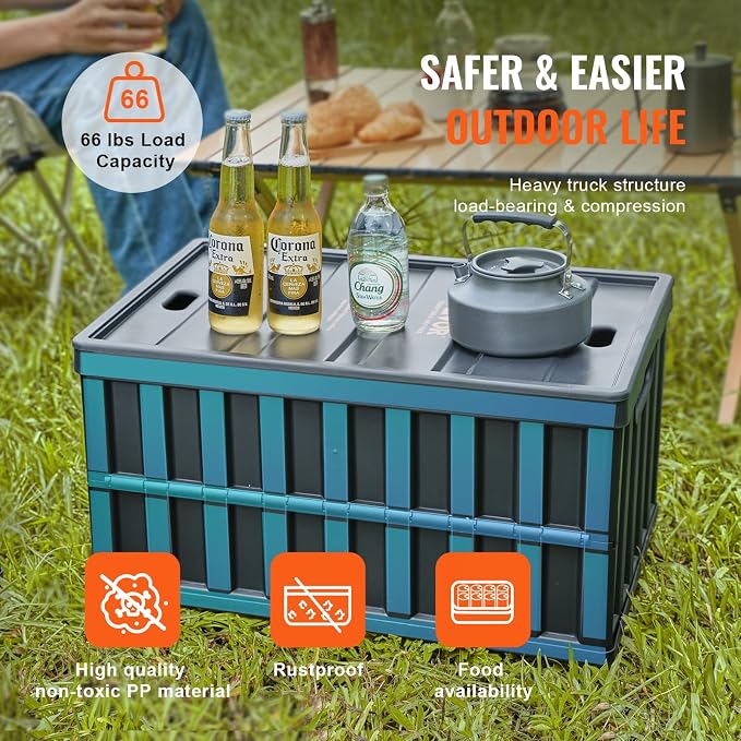 VEVOR 65L Collapsible Storage Bins with Lids 3 Packs, Stackable Crates | For Organizing Tools, Books, Food, Drinks, Camping&Transport, Large Heavy Duty Folding Containers with Handles, PP Material