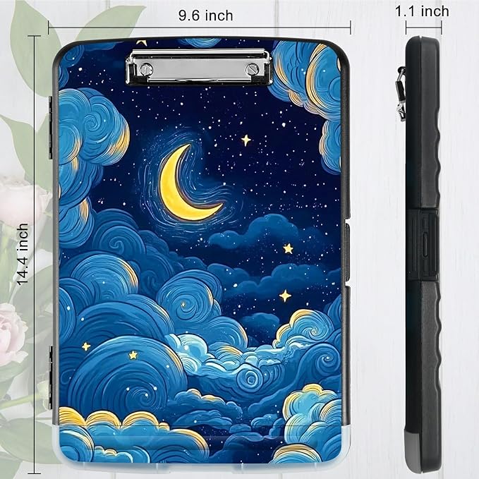 Moon Blue Clouds A4 Clipboard with Storage Pen Holder, Clipboards Organizer Nursing Clipboard Foldable File Folder Plastic Clipboard Folio Clip Board for Office Students Classroom Doctor