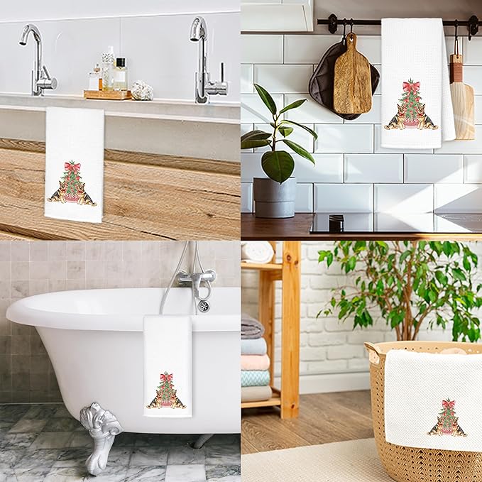 Red Chinoiserie Christmas German Shepherd Kitchen Towels, German Shepherd Gifts Dish Tea Towels for Kitchen Decor, Grandmillennial Bow Xmas Tree Dog Hand Towel for Bathroom Decor, 16x24 Inch