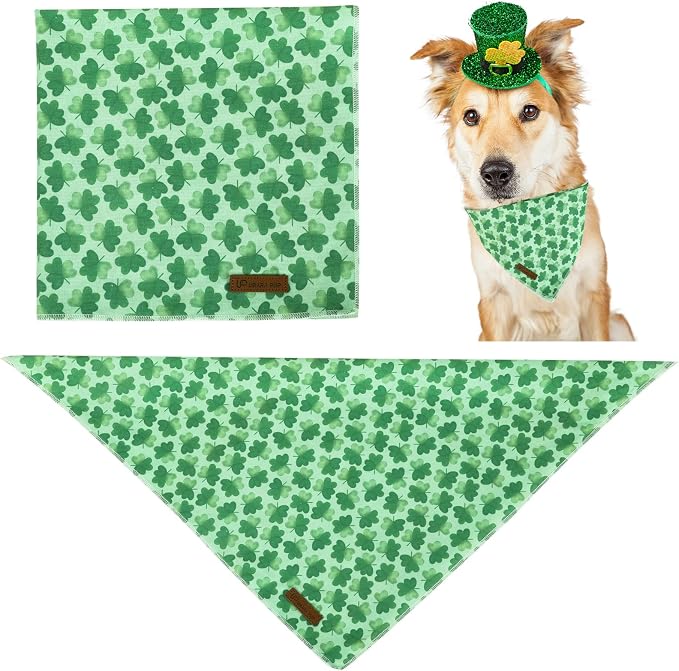St. Patrick's Day Dog Bandana, Shamrock Triangle Bid Scarf for Small/Medium Dogs, Cotton Kerchief - Green Shamrock Spring Bandana for Girls, Boys or Cats