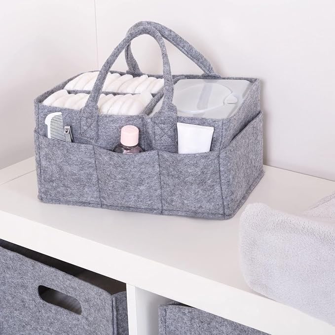 Sammy & Lou Collapsible Light Gray Felt Storage Caddy, Divided Design To Keep Diapers, Wipes And Changing Items Organized, Two Handles, 11.5"D x 6"W x 8"H