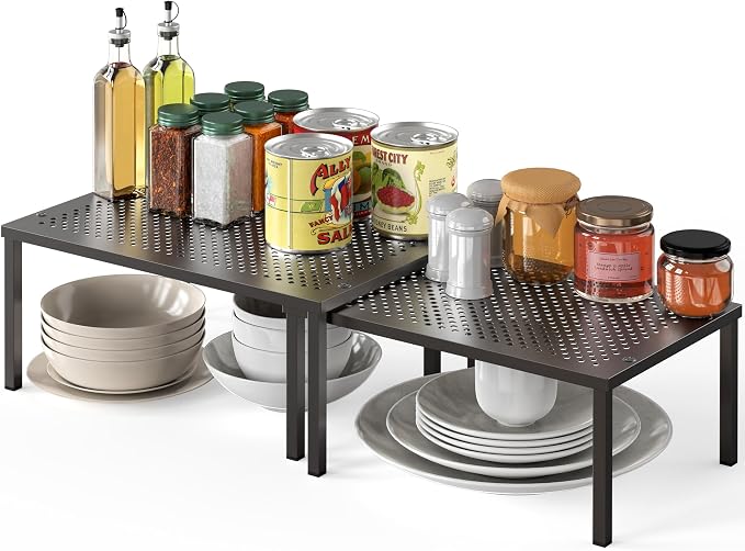 Simple Houseware Cabinet Counter Shelf Organizer w/Steel Surface, Bronze | Expandable & Stackable 9" D x 12.75" W x 5.9" H