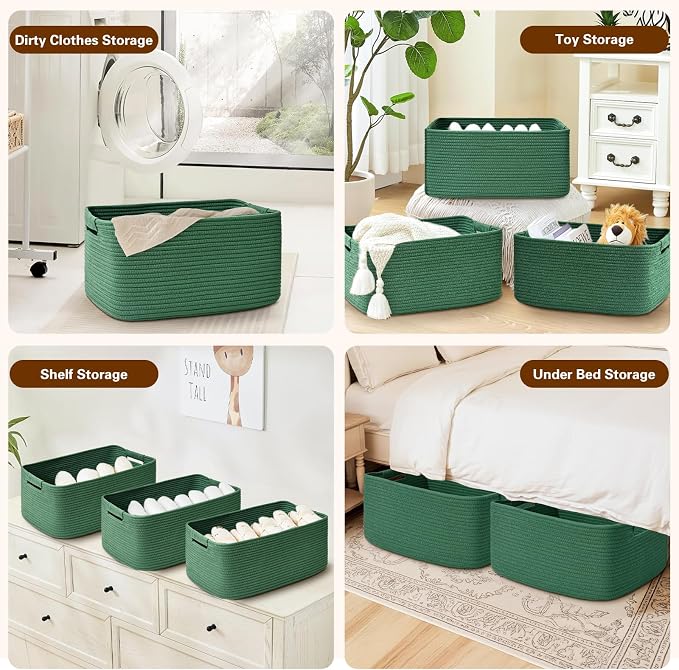 2 Pack Large Storage Basket for Organizing, 17.5"x13"x7" Woven Basket for Shelves, Closet Cube Storage Bins with Wrapped Handle, Cotton Rope Baskets for Kitchen, Clothes, Toys(Green)