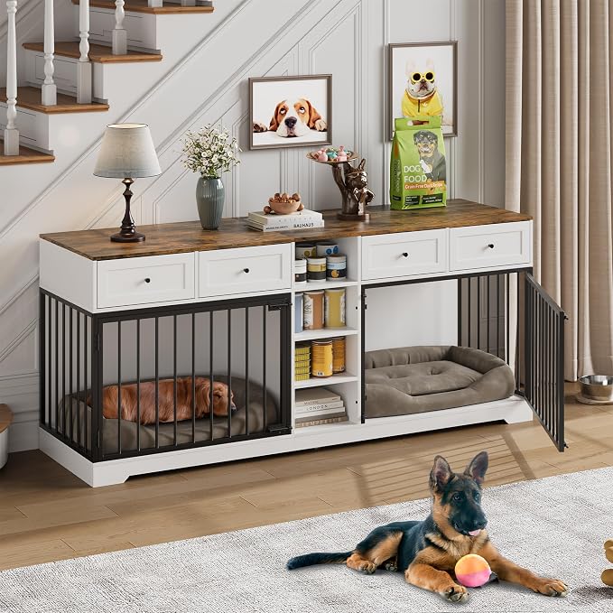 Dog Crate Furniture for 2 Dogs, Double Dog Crate TV Stand, White | 82" Large Dog Kennel Indoor with 4 Storage Drawers and 4 Shelves, Suitable for Small, Medium and Large Dogs