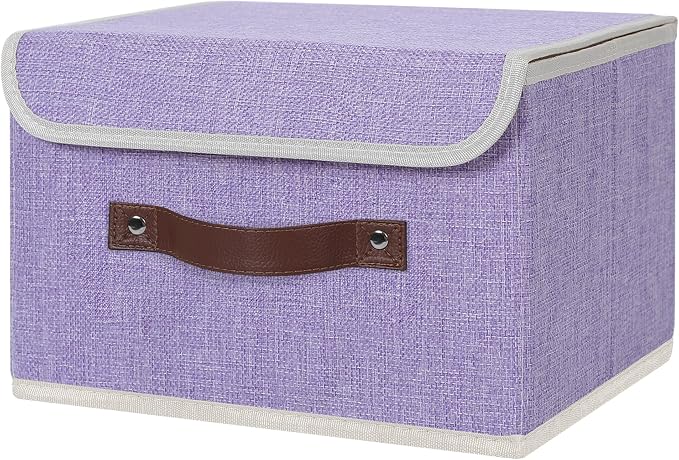 ANMINY Fabric Storage Box Bins with Lids, Purple, 10"x8"x7" | Keepsake Memory Storage, Cotton Linen, PP Board Reinforced, Washable, PU Handles, Foldable & Stackable, Decorative, Small