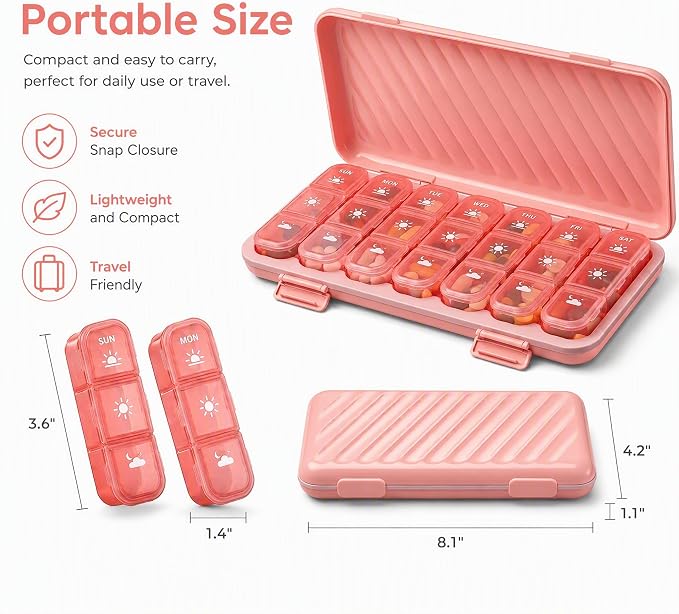 LOHE Pill Organizer 3 Times a Day, Pill Box 7 Day, Weekly Travel Case | Large 7 Day Pill Box 3 Times a Day, Portable Pill Case for Medication, Vitamins, Fish Oil and Supplements