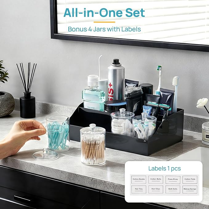 Vtopmart 5 PCS Bathroom Countertop Organizer Sets, Black | 1 Divided Tray with 4 Qtip Holder Jars, For Toothbrush, Cotton Pads Balls, Floss, For Bathroom Countertop