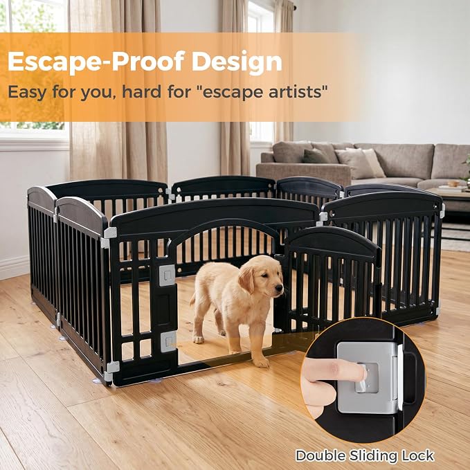 NEWBULIG 8 Panels 24 Inch Dog Playpen, Plastic Pet Play Pen Fence | Portable, Secure Locking Door, Indoor Outdoor Yard RV Camping, Small Medium Dogs, Black