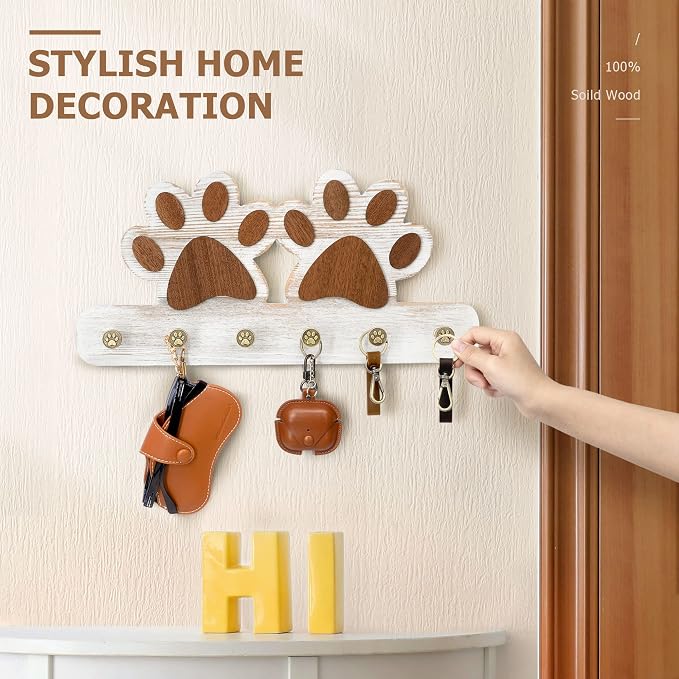 MTERSN Farmhouse Dog Leash Holder for Wall for Pet Supply Storage, White | Unique 3D Pet Claw Hooks, Decorative Dog Leash Hanger, Coat Rack with 6 Hooks for Hats, Dog Stuff Organizer for Entryway