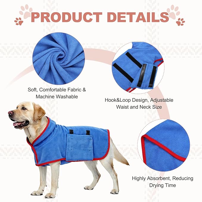 Dog Drying Coat, Dog Robes for After Bath Bathrobe Super Absorbent Towel Soft Adjustable, (S, Blue), Intended for Fast Drying Warm Keeping Pet Cats Kitten Puppies