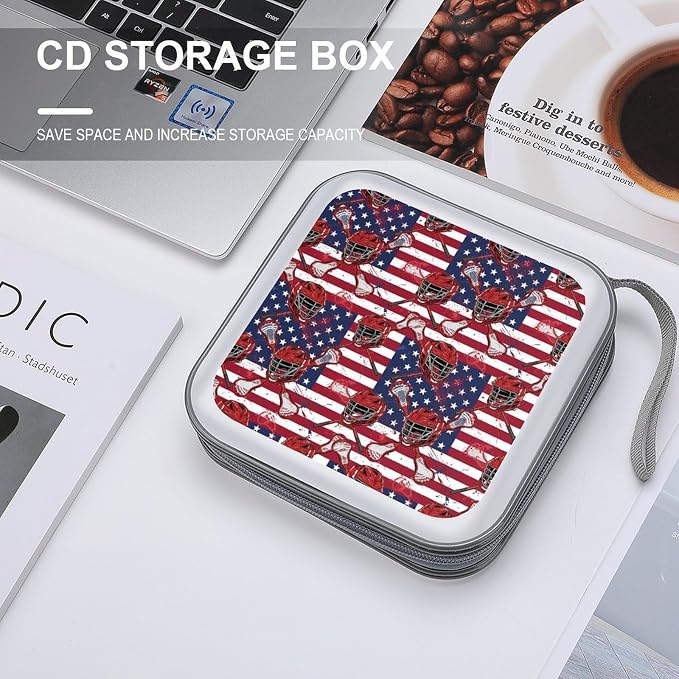 Portable DVD CD Organizer Wallet Lacrosse American Flag, 40-Capacity Hard Case with Strap, Protective Storage Binder for Car Home