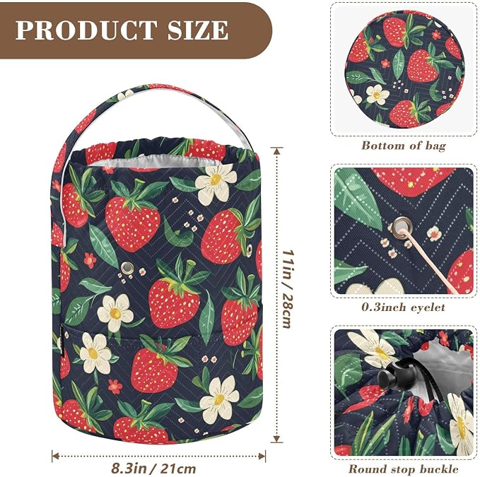 Fustylead Hand Draw Red Strawberry and Beautiful Floral Crochet Drawstring Organizer, Large Yarn Bag Storage Tote Basket for Crocheting On The Go, Kit Holder, Gift for Knitter, Crochet Beginner