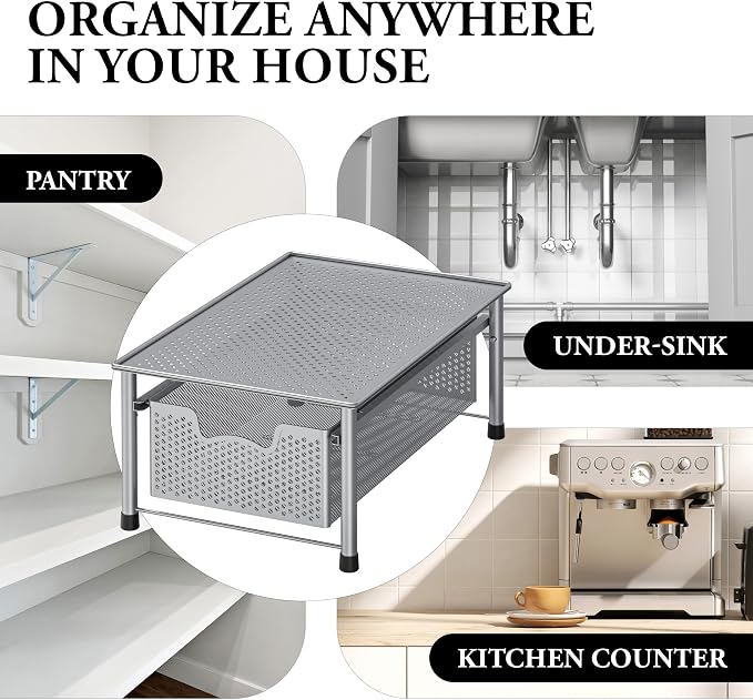 Simple Houseware Stackable Cabinet Basket Drawer Organizer, Silver
