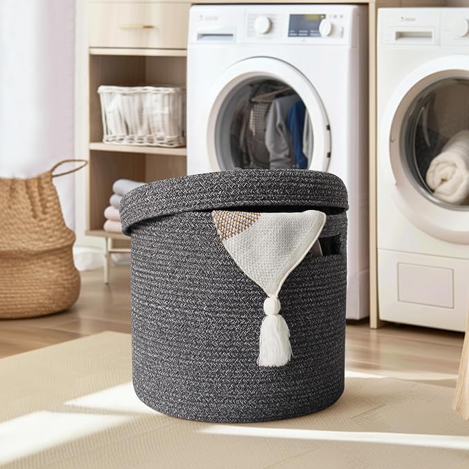 Storage Basket with Lid, Woven Blanket Storage for Living Room, Cute Cotton Rope Bin with Lid, Round Wicker Laundry Basket with Cover, Decorative Kid Dog Toy Box, Nursery Organizer, 15"x13"