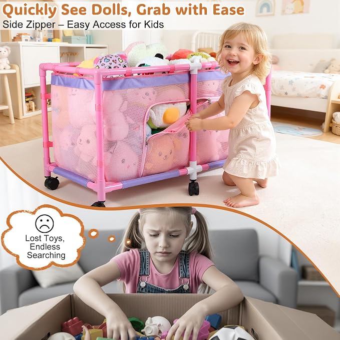 FIOBEE Toy Box for Girls Boys with See-Through Mesh & 360° Rotating Wheels | Kids Toy Chest Organizer, Stable Structure & Easy Install, Extra Large Storage Bin for Clothes, Ball, Pet Toys, Swimming Ring