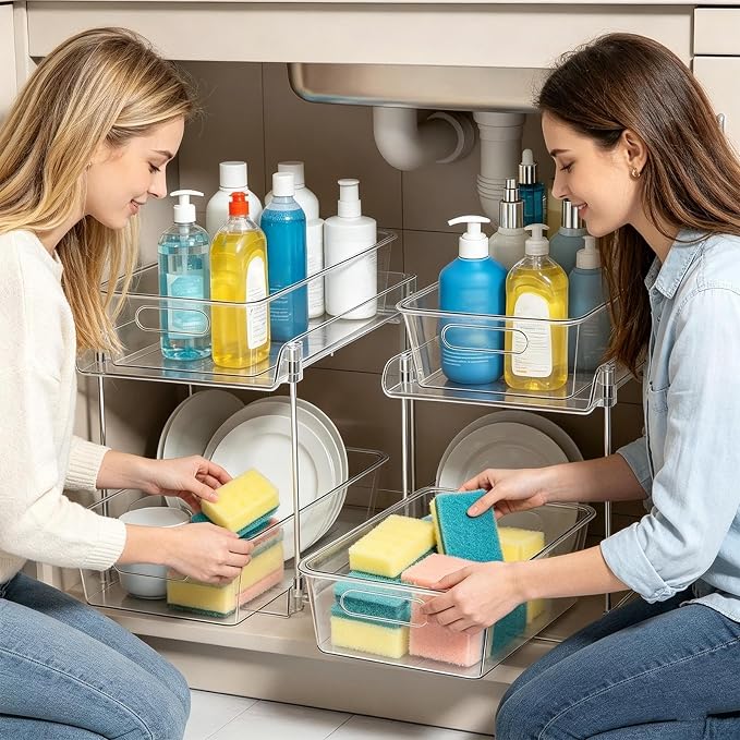 2 TierUnder Sink Organizer - Pull Out Storage, Sliding Bathroom Drawer