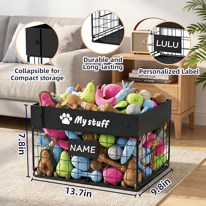 Kaiferty Indestructible Large Dog Toy basket, Chew-Proof Medium Toy Bin for Dogs, Pet Toy Bin Dog Metal Basket for Toys, Puppy Toy Storage Organizer Blankets, Toy Box for Living Room Area (Black)