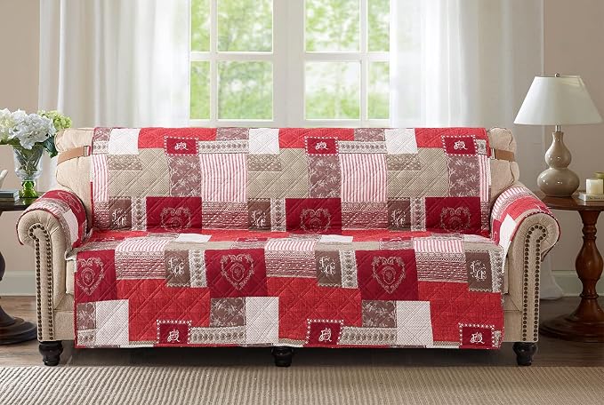 Brilliant Sunshine Burgundy Heart Love Patchwork Couch Cover, 78" seat | Quilted Sofa Cover, Living Room & Bedroom Furniture Protector, Extra Large Washable Slipcover for Pets, Dogs & Cats