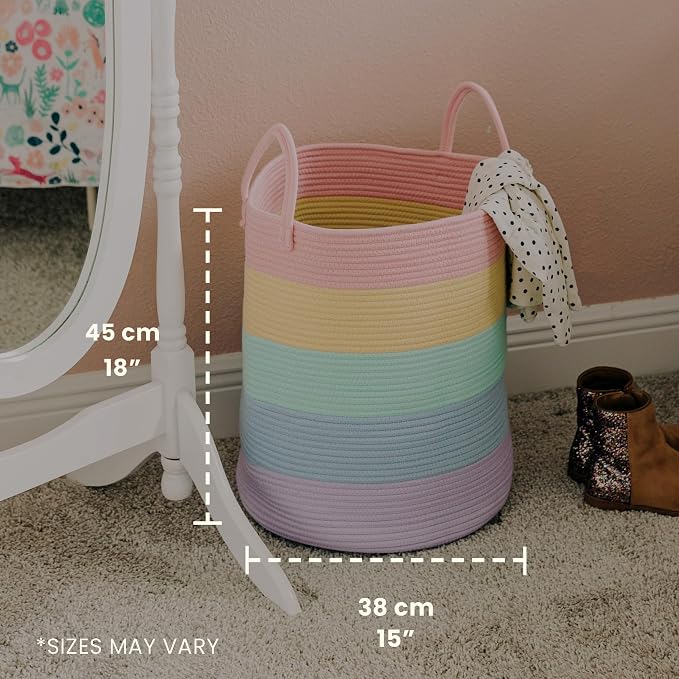 OrganiHaus Rainbow Laundry Basket & Hamper, Nursery Playroom 52L | Rainbow Pastel - Rainbow Cotton Rope Hamper, Nursery 52L
