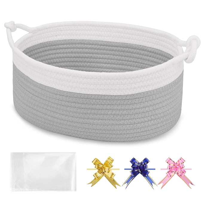 Small Empty Gift Basket with Bag & Ribbons, White & Cool Gray | 12“x8”x5”, Cotton Rope Woven Basket for Birthdays, Baby Showers, Mother's Day, Christmas; Stores Small Items, Kids & Pet Toys