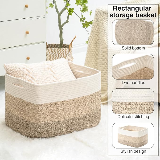ICERZCZ Large Rectangle Blanket Basket, Large Storage Basket for Organizing, Cotton Rope Woven Basket for Storage with Handles, Baby Nursery Living Room Bedroom, 22”x17”x12”, 75L