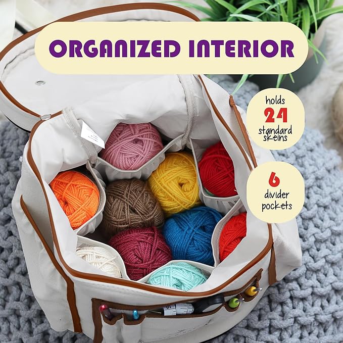 Hearth & Harbor Crochet Bag Organizer – Durable Knitting Bag, Yarn Organizer for Accessories and Supplies, Canvas Yarn Holder, Crochet Carrying Case with Accessories Pouch, Storage Organizer–Warm Gray