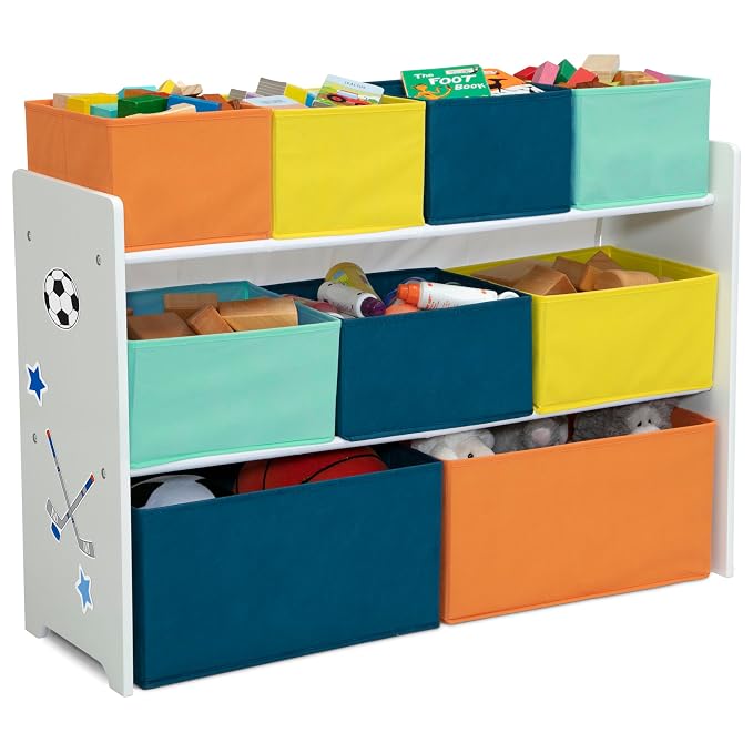 Delta Children Deluxe Multi-Bin Toy Organizer with Storage Bins - Greenguard Gold Certified, White with Navy/Green/Pastel Bins
