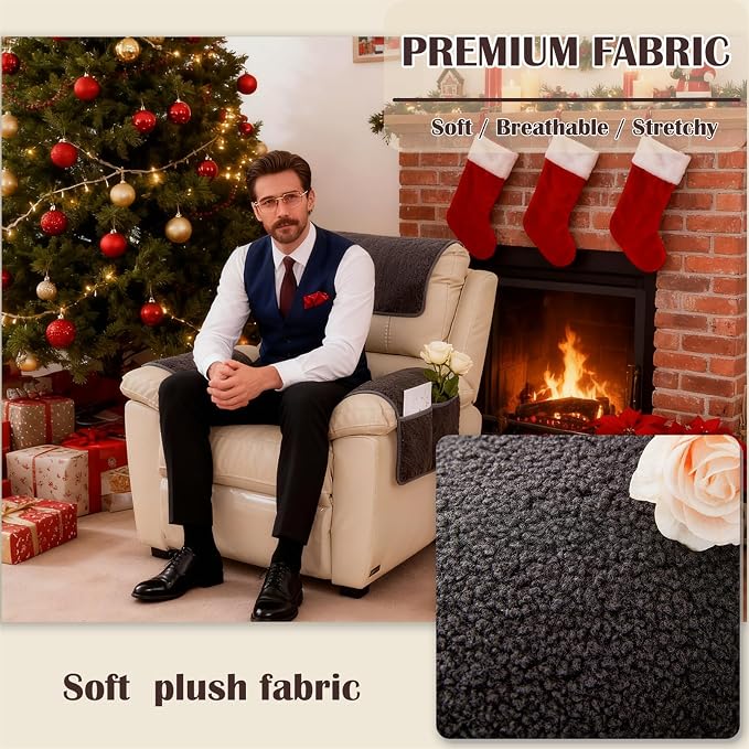 Sherpa Fleece Armrest and Headrest Covers with 2 Pockets | Soft fleece with nonslip silicone backing helps protect leather and fabric furniture from pet scratches machine washable