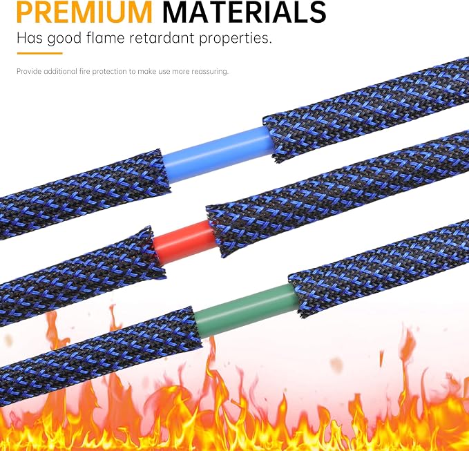 Braided Cable Sleeve, 33ft Expandable Wire Loom for Automotive Wiring Harness & PC Case, Pet-Proof Chew Resistant Cord Protector, Flexible Cable Management (Blue-Black, 16mm (5/8"))