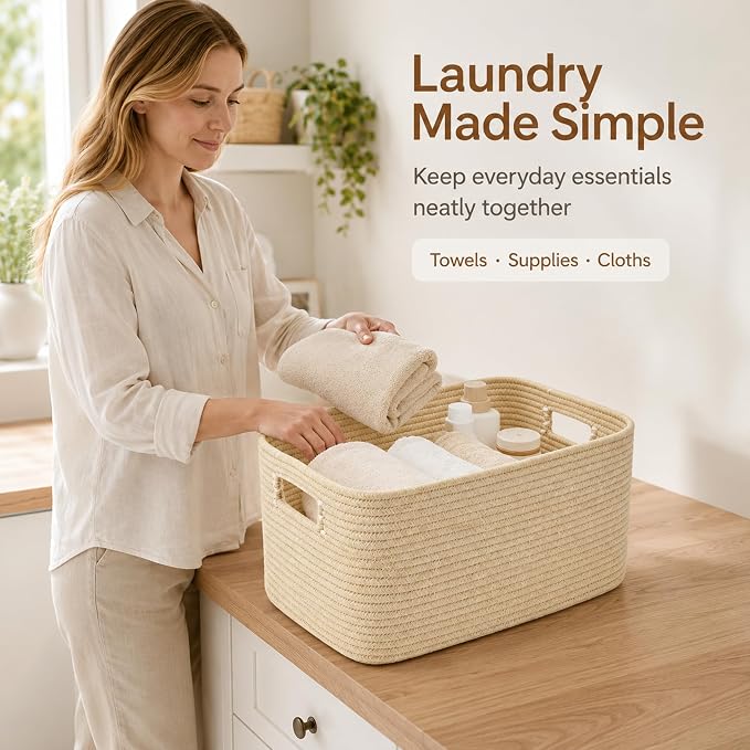 12.8GAL Small Cute laundry basket for nursery, Boho Square storage basket for Living Room Decor, Kids Girls Boys Toys Stuffed Animal Decorative Short Hamper for Dirty Clothes, Bath Towel,Shoes Oatmeal