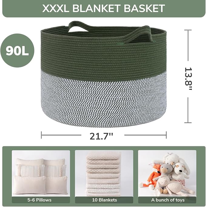 INDRESSME XXXLarge Woven Rope Blanket Basket Living Room Green, 90L | 21.7" x 13.8" Storage baskets for toys laundry & pillows. Fits living room, bedroom or nursery décor. Soft-touch with handles