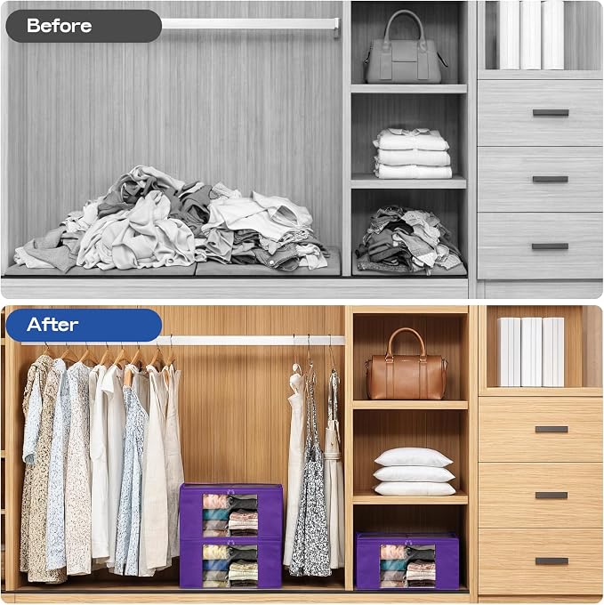 Clothes Storage Bags, Foldable Thick Fabric Blanket Storage Bags, Large Clear Window & Carry Handles, Great for Clothes, Blankets, Closets, Pillows (Purple, 4PACK)