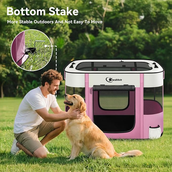 Siedihit 35" Dog Playpen,Cat Puppy Pen, Pet Portable Crate Indoor Outdoor | Durable Travel Camping Use,Foldable Dog Kennel Tent Cage for Rabbit Small Animals with Carrying Case(Pink, Large)