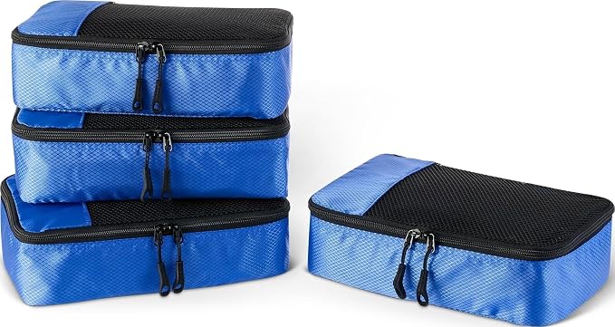 Amazon Essentials 4-Piece Packing Cubes Travel Accessories Set, Space-Saving Luggage Organizers with Double Zipper, Mesh Top, Small/Medium/Large/Slim, Blue (Previously Amazon Basics)